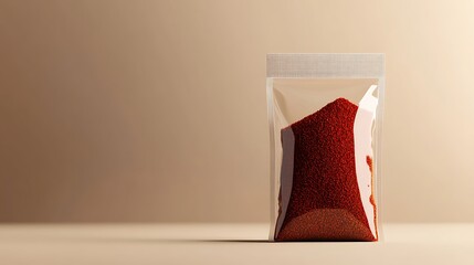 Vibrant red spice powder in a transparent plastic packet