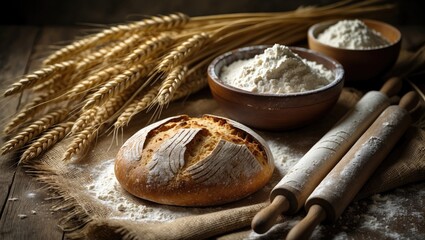 Freshly baked bread featuring wheat ears, alongside a flour bowl and rolling pins on a vintage wooden table, kneading dough.