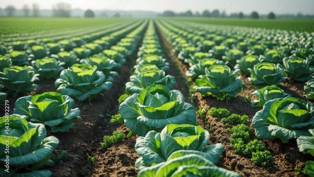 Poster close-up of spring cabbage rows in a lush field