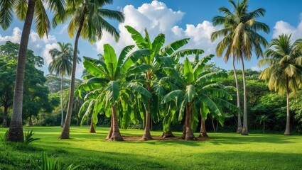 Fototapeta premium A peaceful, lush green landscape featuring tall, leafy trees and shorter trees with broad leaves.