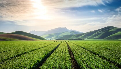 A vibrant landscape featuring lush green fields and rolling hills under a bright sky, showcasing the beauty of nature and agricultural life.