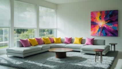 A pair of small tables resting on a soft carpet next to the sofa in a living room corner, featuring an abstract painting on the wall