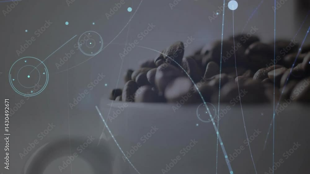 Poster coffee beans spinning in white container, showing digital hud overlay in 3d render on grey backdrop