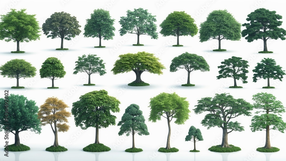 Poster set of single trees with white background, ideal for design and environmental use