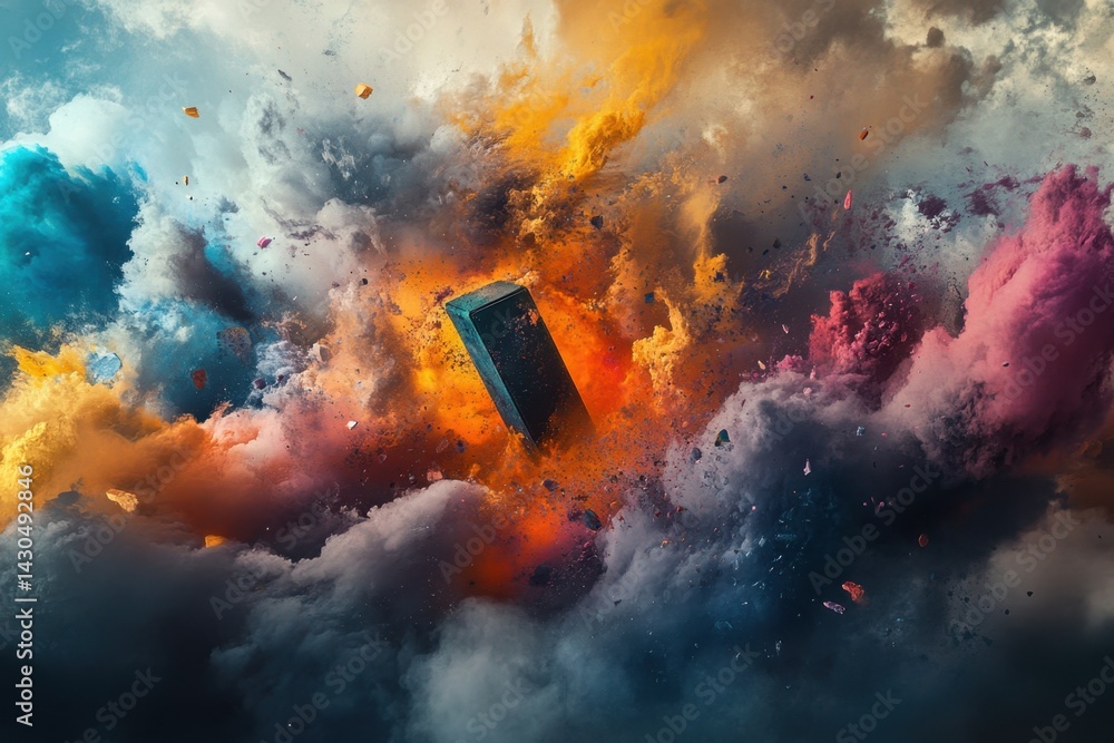 Poster colorful explosion of smoke and debris surrounding a central rectangular object in the sky