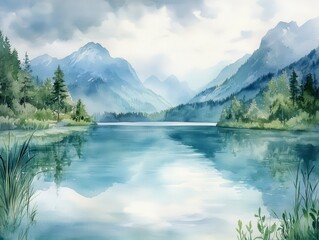 Fototapeta premium Serene mountain lake with misty peaks and lush greenery, reflecting the tranquil sky.