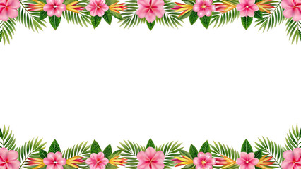 vibrant border featuring pink hibiscus flowers and lush green leaves, perfect for tropical themed designs and invitations. This decorative frame adds cheerful touch to any project
