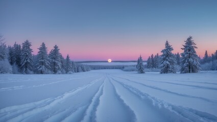 Obraz premium Winter scene at sunset featuring snow-covered spruce trees against a blue sky