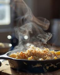 Close-Up of Vegan Mac and Cheese in Cast-Iron Skillet &ndash; Crispy Breadcrumb Topping with Steam, Comfort Food with Healthy Twist in High-Res Style