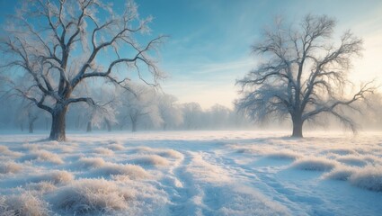 Serene winter landscape bathed in sunlight with snow-covered terrain, leafless trees adding an ethereal touch, and footprints hinting at peaceful exploration of the wilderness.