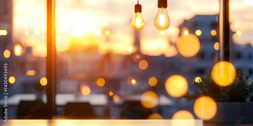 Poster bright and modern office interior with elegant lighting and blurred background showcasing collaborat