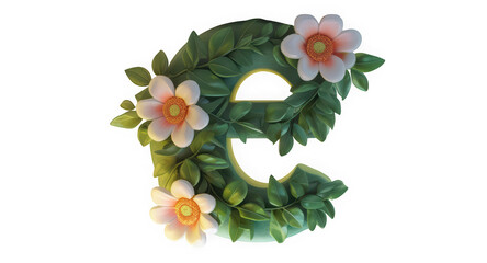 Letter e floral design with leaves and flowers for decoration and typography art