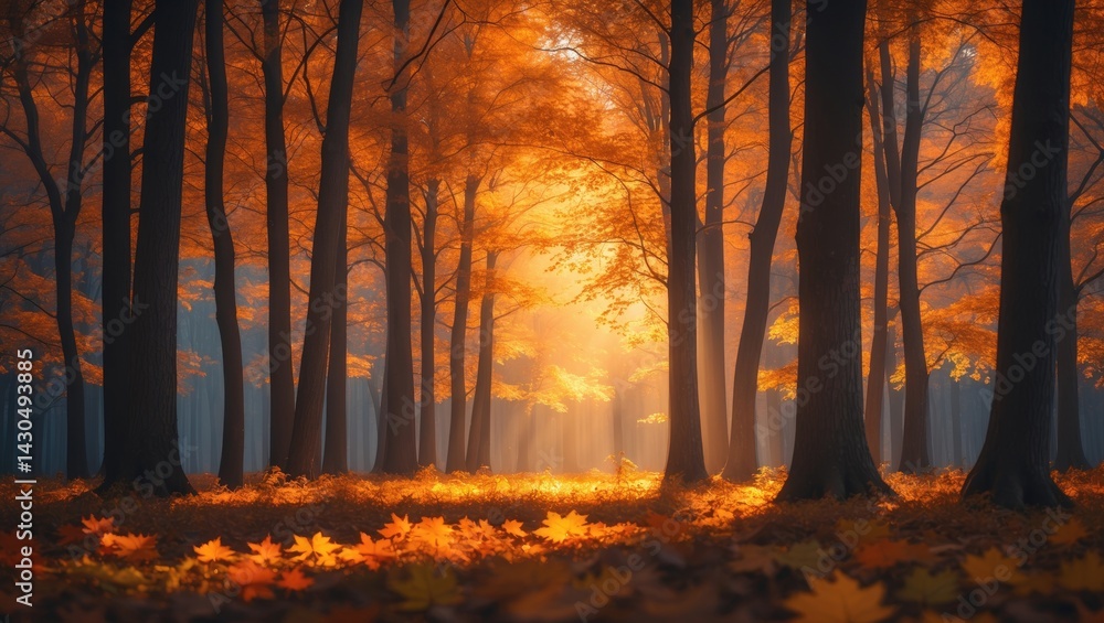 Poster sunlight filtering through trees in a forest scene