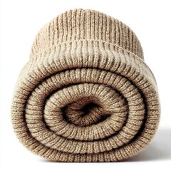 Rolled Beige Knit Beanie on White Background