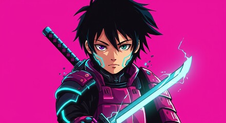 漫画のスタイルのサイバーサムライ、鮮やかなピンクの背景に