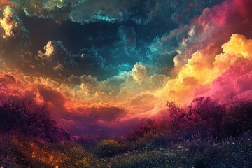 Obraz premium Vibrant sunset sky over a lush landscape with colorful clouds and serene atmosphere