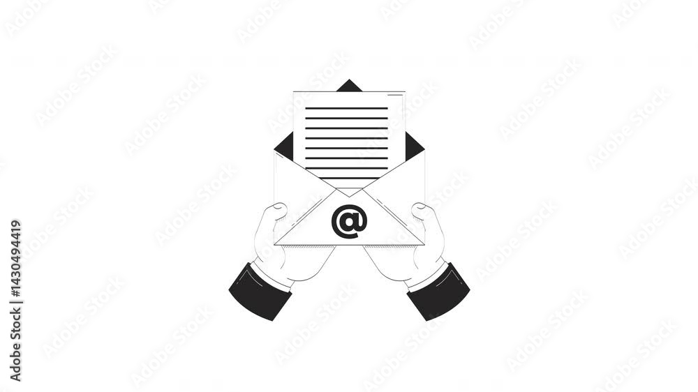 Poster hands holding open email envelope with document outline hand drawn 2d animation. digital corresponde
