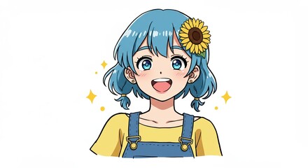 Fototapeta premium ひまわりの髪飾りのある笑顔の女の子、白い背景に, コピー空間あり
