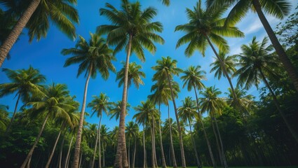 Naklejka premium Group of tall palm trees in a vibrant green forest beneath a bright blue sky, embodying serenity and natural beauty