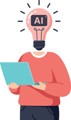 Person with glowing AI light bulb head holding laptop in creative concept vector illustration 