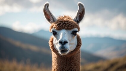 Obraz premium Close-up of a brown and white llama's face with mountain scenery in the background