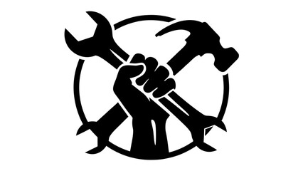 Hand holding hammer silhouette vector on white background