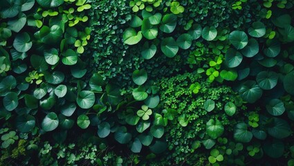 Lush green background featuring a fresh phyto-wall adorned with emerald leaves and clover