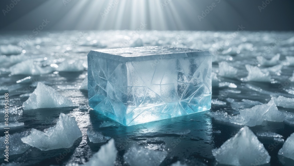 Poster macro view of a textured, translucent ice cube on a frozen water surface