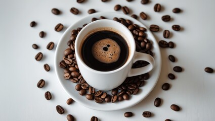 Fototapeta premium White coffee cup surrounded by roasted beans on a table with ample space for text