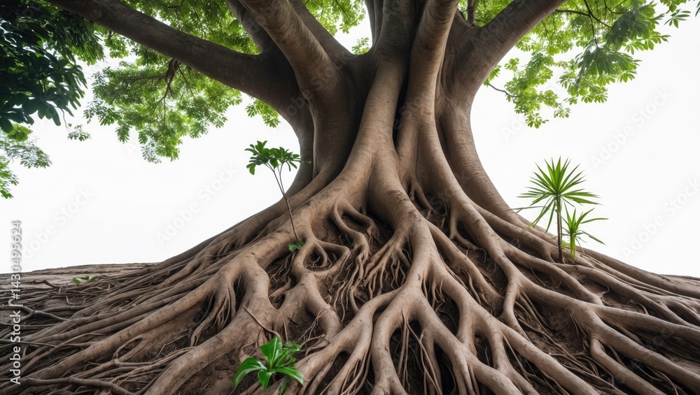 Aufkleber the isolated image of a large, twisted bodhi tree with roots and branches in a tropical park setting