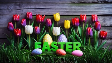 Easter eggs and spring tulips on rustic wooden background