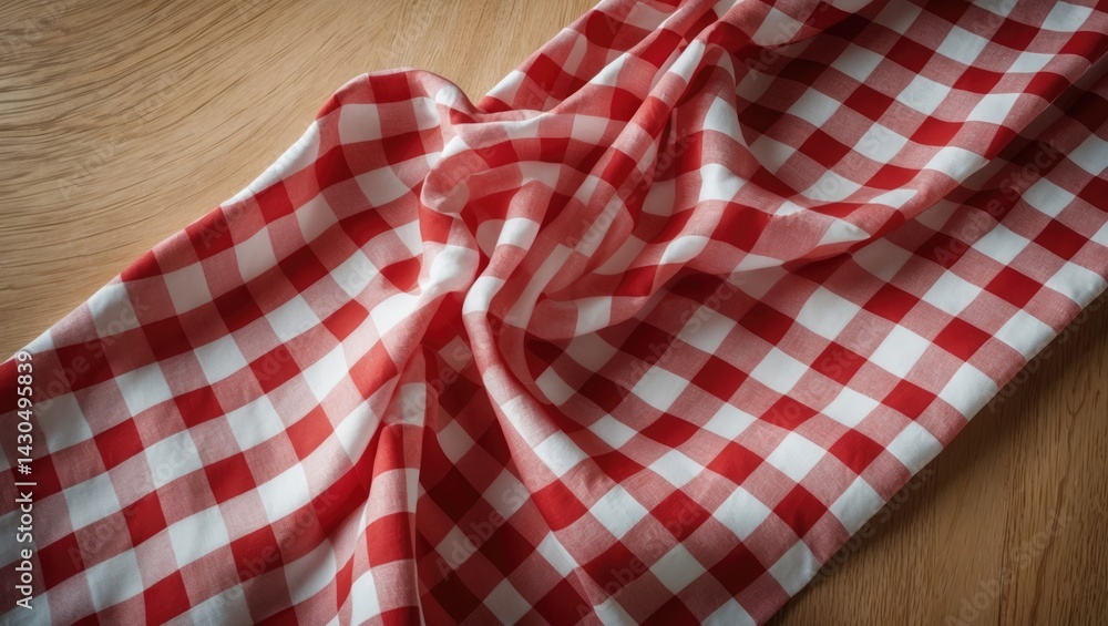 Poster checkered tablecloth with red pattern on top view, space for text