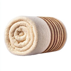 Rolled Cream and Brown Striped Bath Towel on White