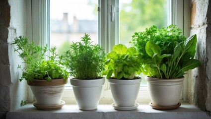 Indoor herb garden with fresh aromatic herbs in white pots on the windowsill