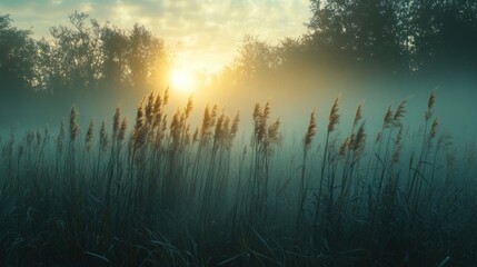 Misty sunrise over tall grass field
