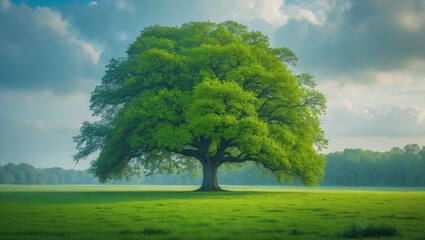 Fototapeta premium The mighty oak tree standing alone in a lush green meadow beneath a cloudy blue sky