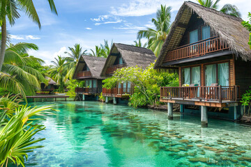 Tropical overwater bungalows surrounded by lush greenery and crystal-clear water, a paradise retreat.