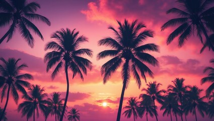 Tropical palm tree silhouette with sunlight and clouds in the background, perfect for summer holiday and adventure scenes.