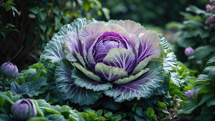 Close-up of flowering purple-pink ornamental cabbage plant for gardening and decoration