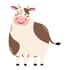 Flat vector illustration in a simple children's style. Cute cow on white background. Farm animals . Vector illustration