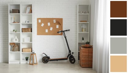 Interior of living room with electric scooter and racks near white brick wall. Different color...