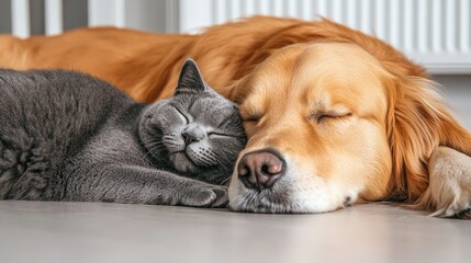 Heartwarming Moment of a Dog and Cat Snuggling Together in Peaceful Coexistence