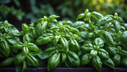 Fototapeta premium Fresh basil leaves on a dark background for culinary use