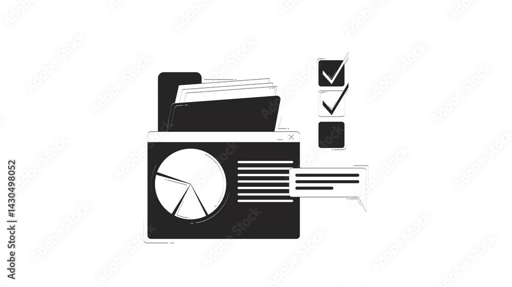 Poster business dashboard with charts, files and checklist outline hand drawn 2d object animation. piechart