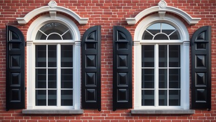 Obraz premium Elegant building with large arched sash windows, black shutters, and brick sill and lintel accents