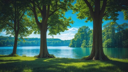 Fototapeta premium Serene summer scene with shaded trees by a tranquil lake in Vilas County