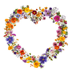 A circular composition of flowers radiating outwards from a central heart, symbolizing the all-encompassing love, isolated on  Transparent  background.