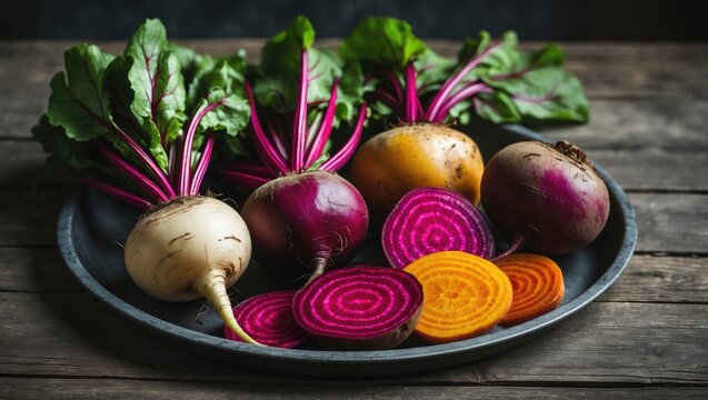 Four varieties of organic beets displayed on a gray metal plate. - Powered by Adobe