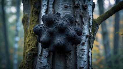 Inonotus obliquus, commonly known as Chaga mushroom, parasitizes birch tree trunks and appears as a black mass or canker polypore in the forest.