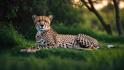 Cheetah lying down in vibrant grassy landscape